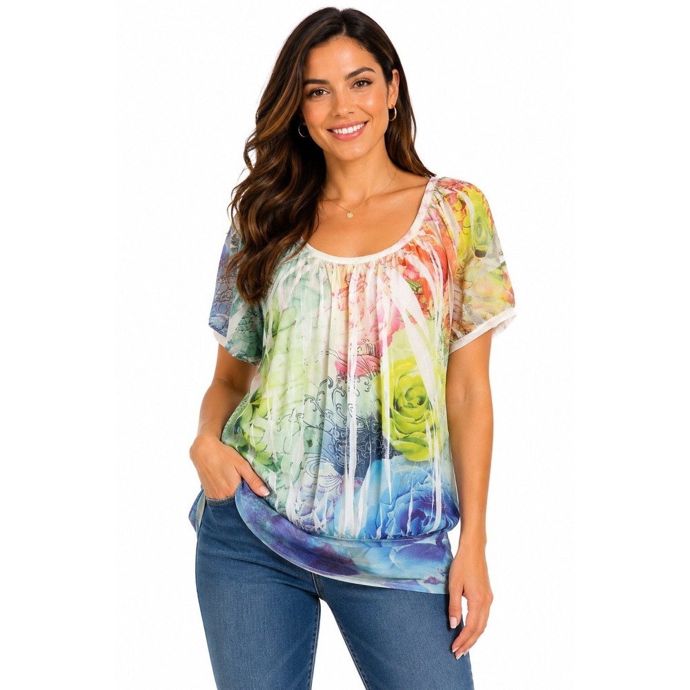FANG L Multicolor Floral Print Scoop Neck‎ Short Sleeve Sheer Blouse